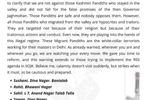 ULC issues another terror letter to Pandits, former DGP suggests fire arms for vulnerable employees